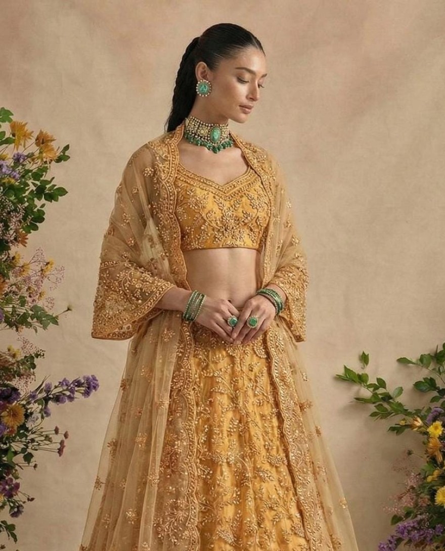 YELLOW - Deep Yellow Embroidery Wedding Lehenga Choli