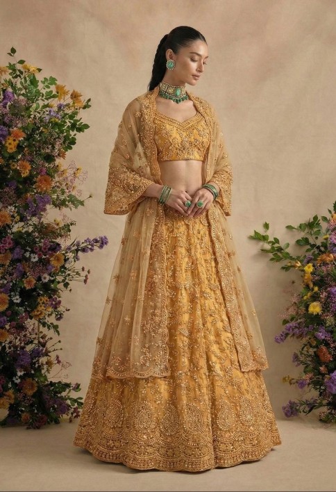Deep Yellow Embroidery Wedding Lehenga Choli