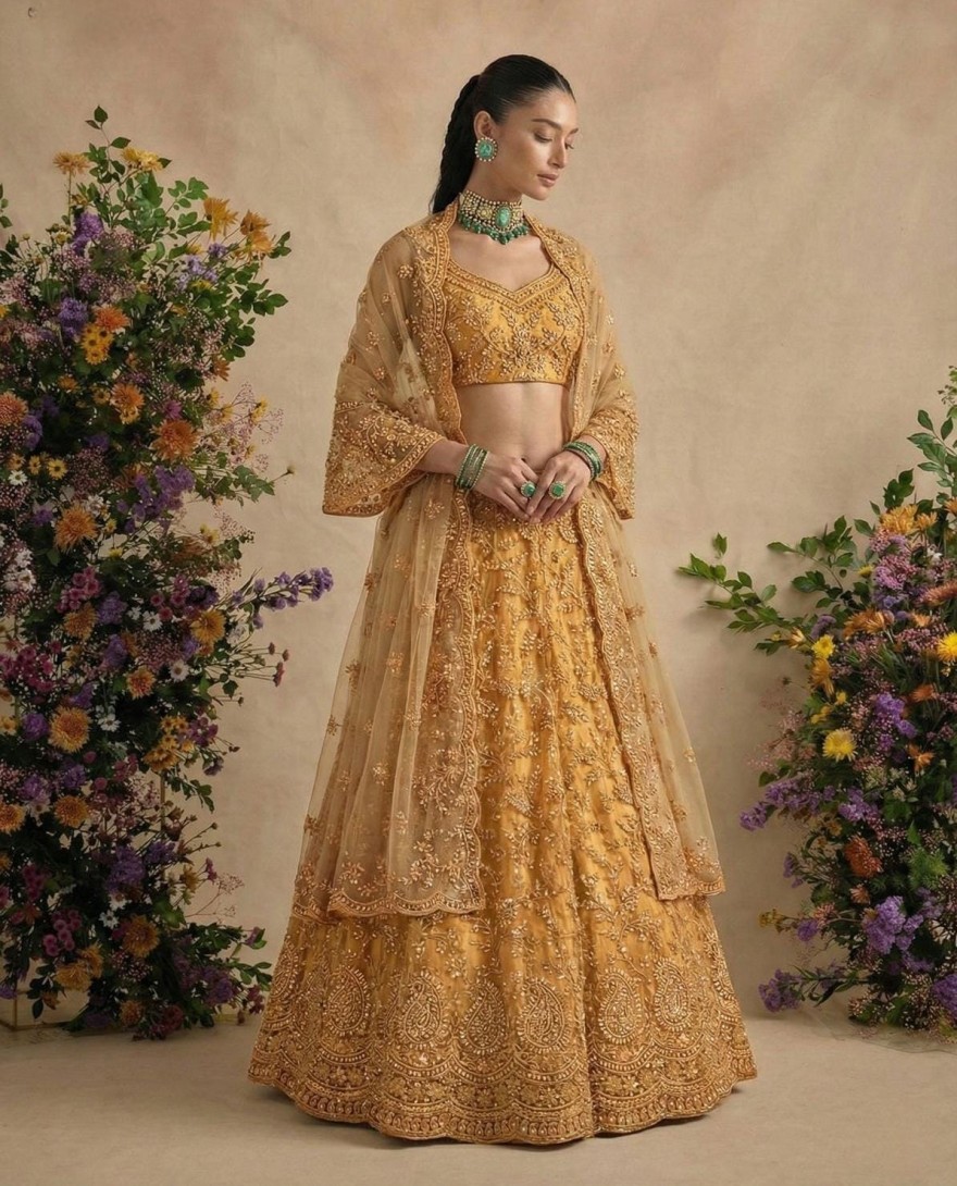 YELLOW - Deep Yellow Embroidery Wedding Lehenga Choli