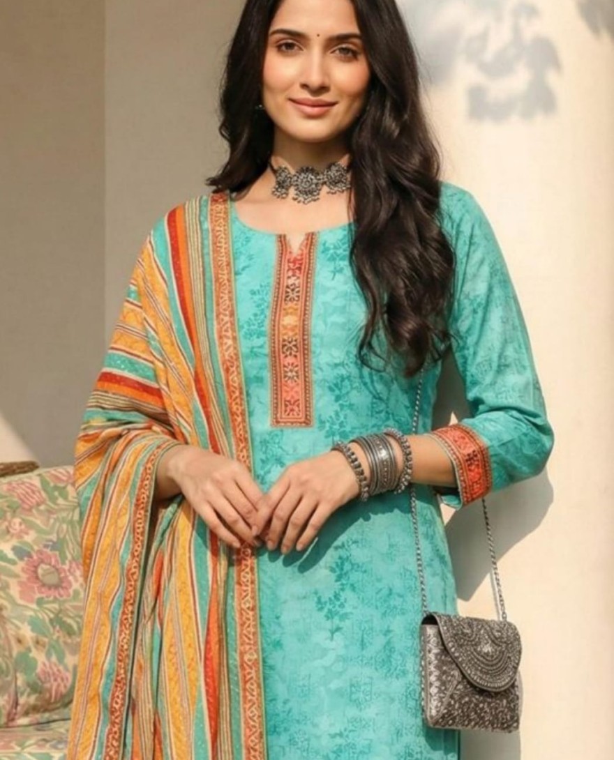 BLUE - Aqua Blue Cotton Pant Kameez for Party