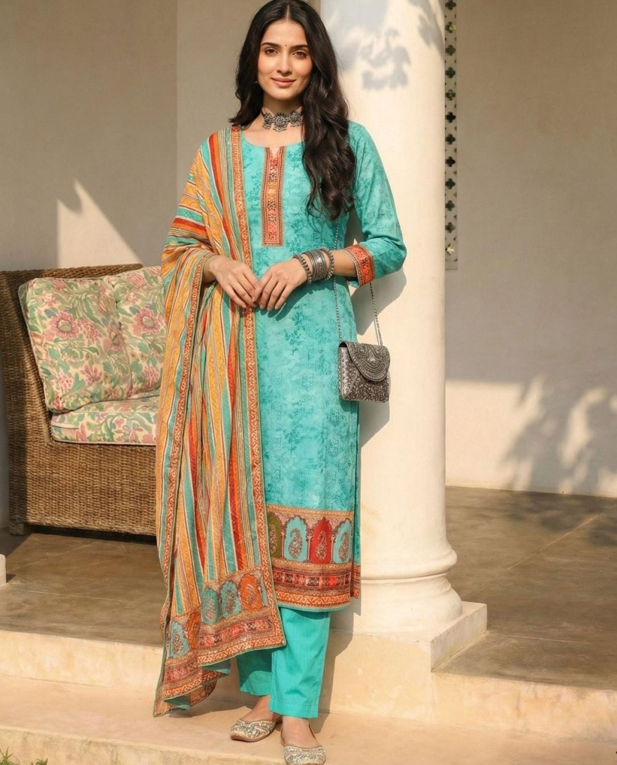 BLUE - Aqua Blue Cotton Pant Kameez for Party