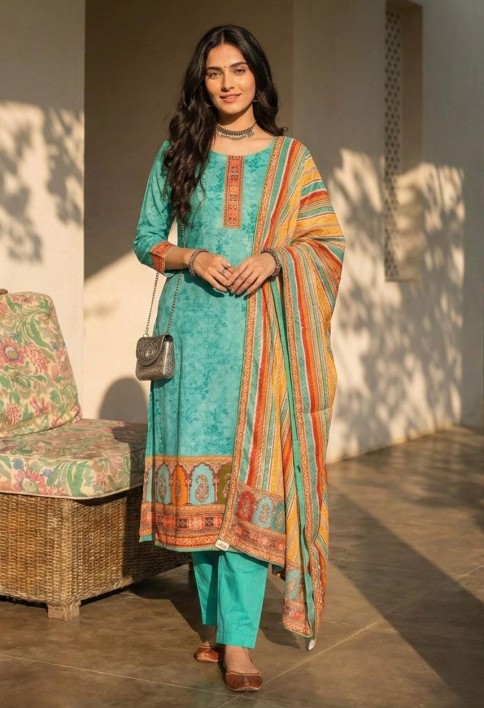 Aqua Blue Cotton Pant Kameez for Party