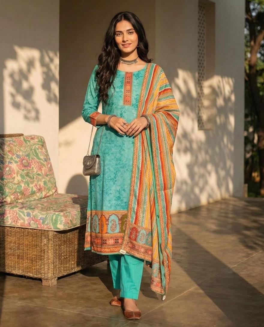 BLUE - Aqua Blue Cotton Pant Kameez for Party