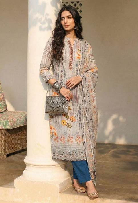 Ash Grey Cotton Pant Kameez for Party