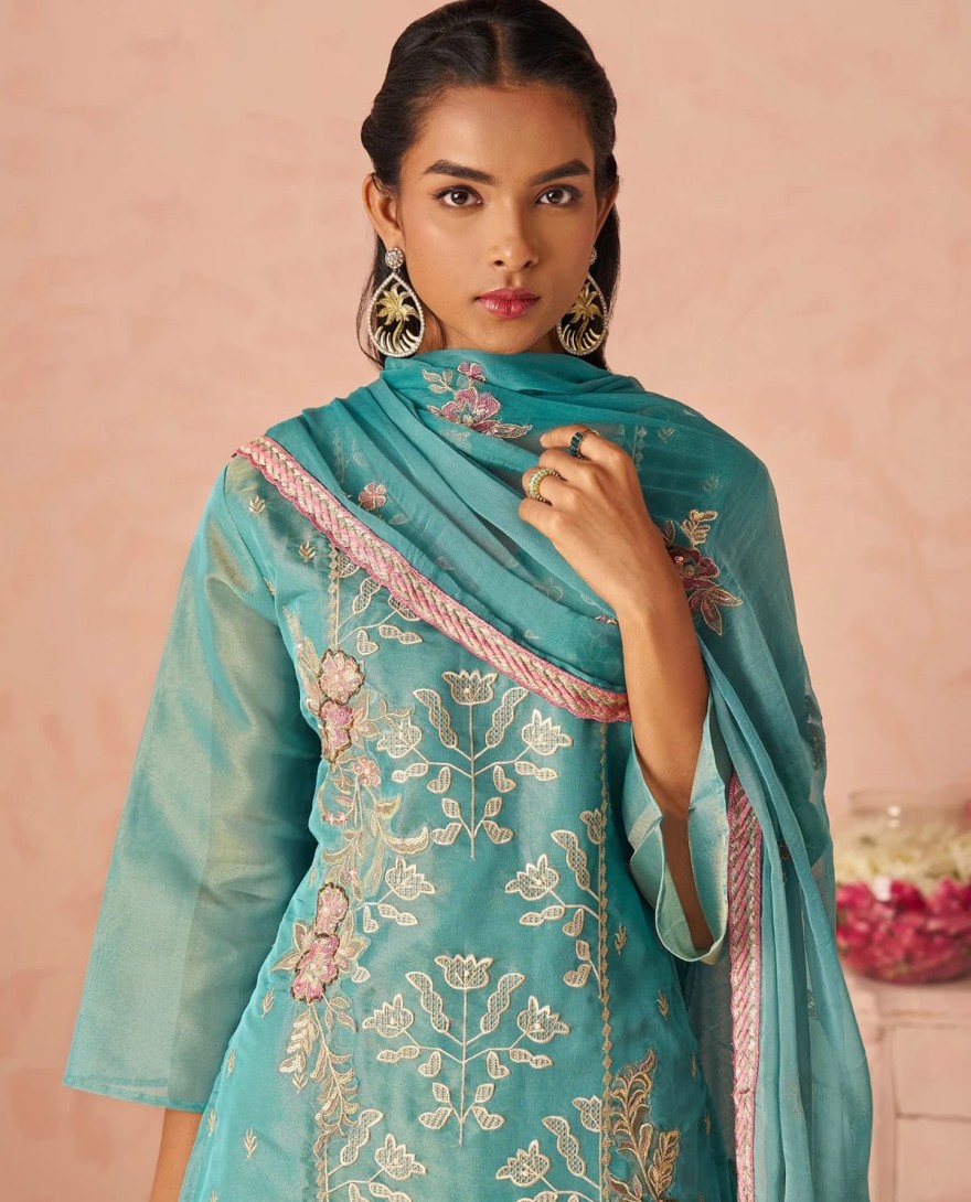 BLUE - Dazzling Blue Embroidered Organza Festive Wear Straight Suit