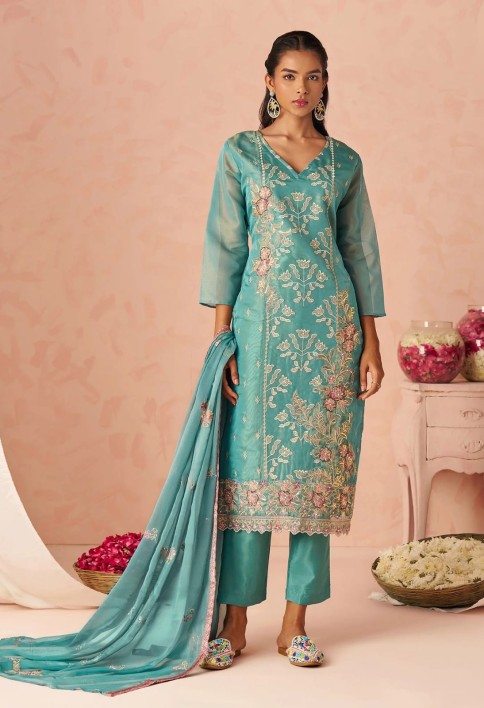 Dazzling Blue Embroidered Organza Festive Wear Straight Suit