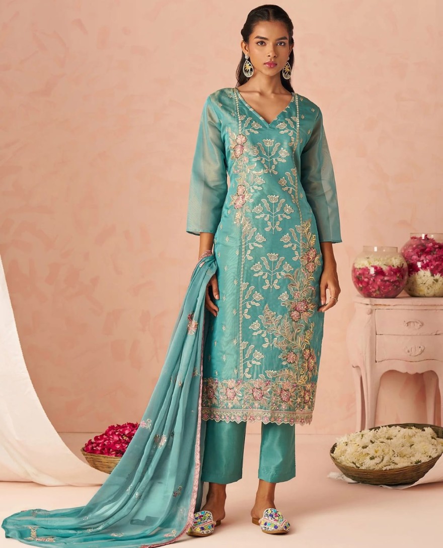 BLUE - Dazzling Blue Embroidered Organza Festive Wear Straight Suit