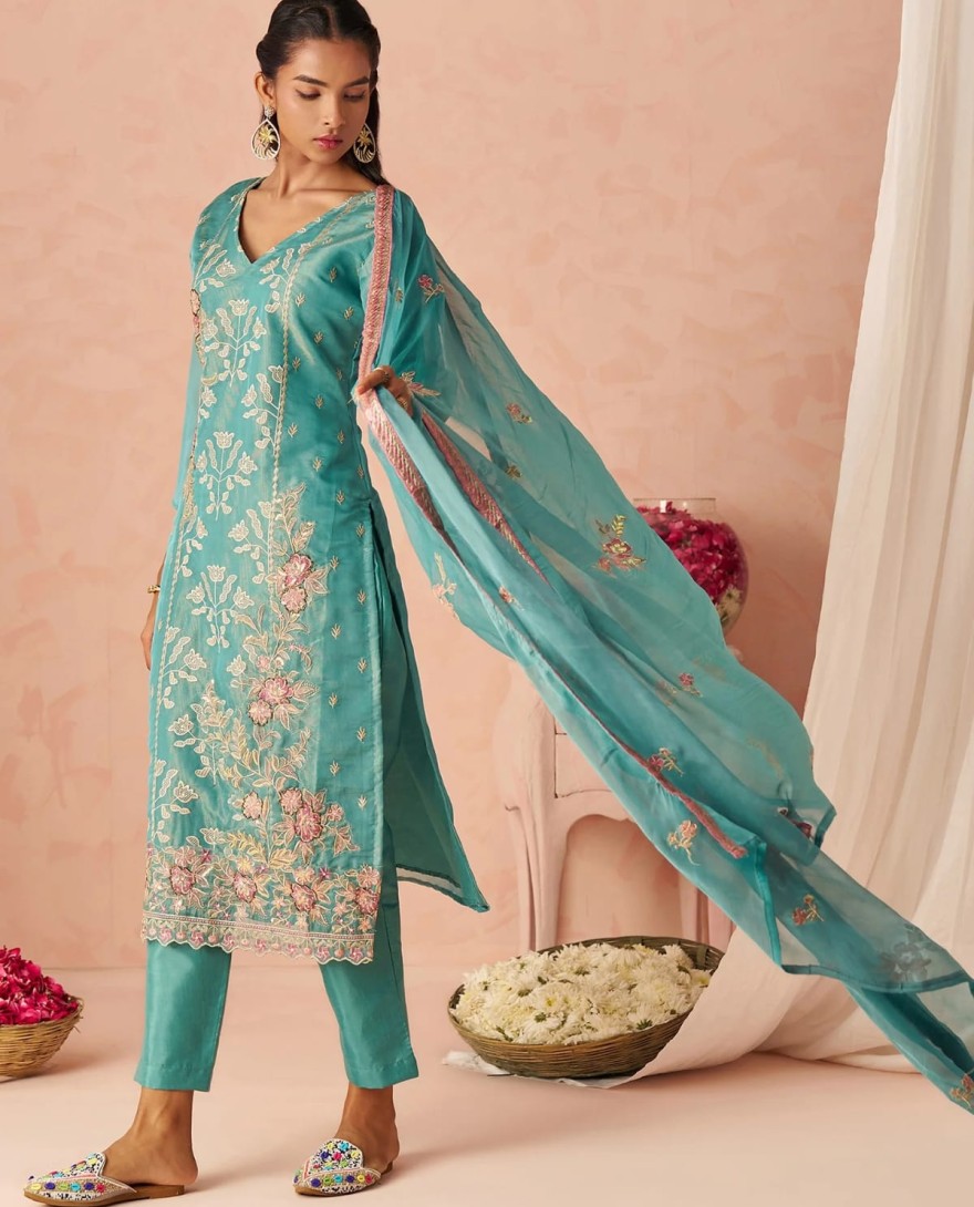 BLUE - Dazzling Blue Embroidered Organza Festive Wear Straight Suit