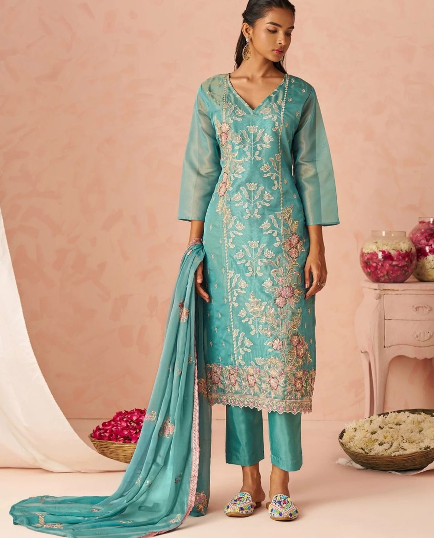 BLUE - Dazzling Blue Embroidered Organza Festive Wear Straight Suit