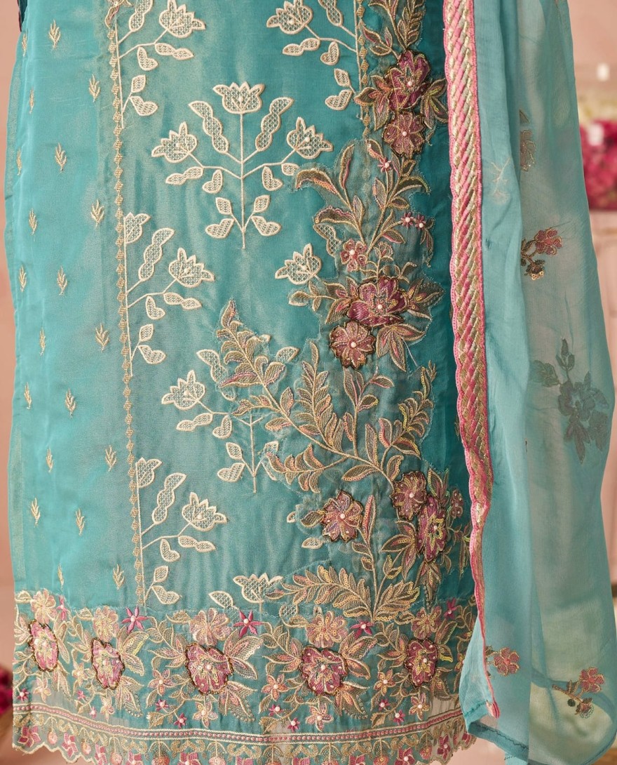 BLUE - Dazzling Blue Embroidered Organza Festive Wear Straight Suit