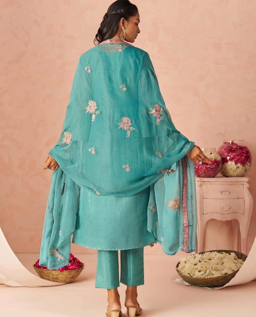 BLUE - Dazzling Blue Embroidered Organza Festive Wear Straight Suit