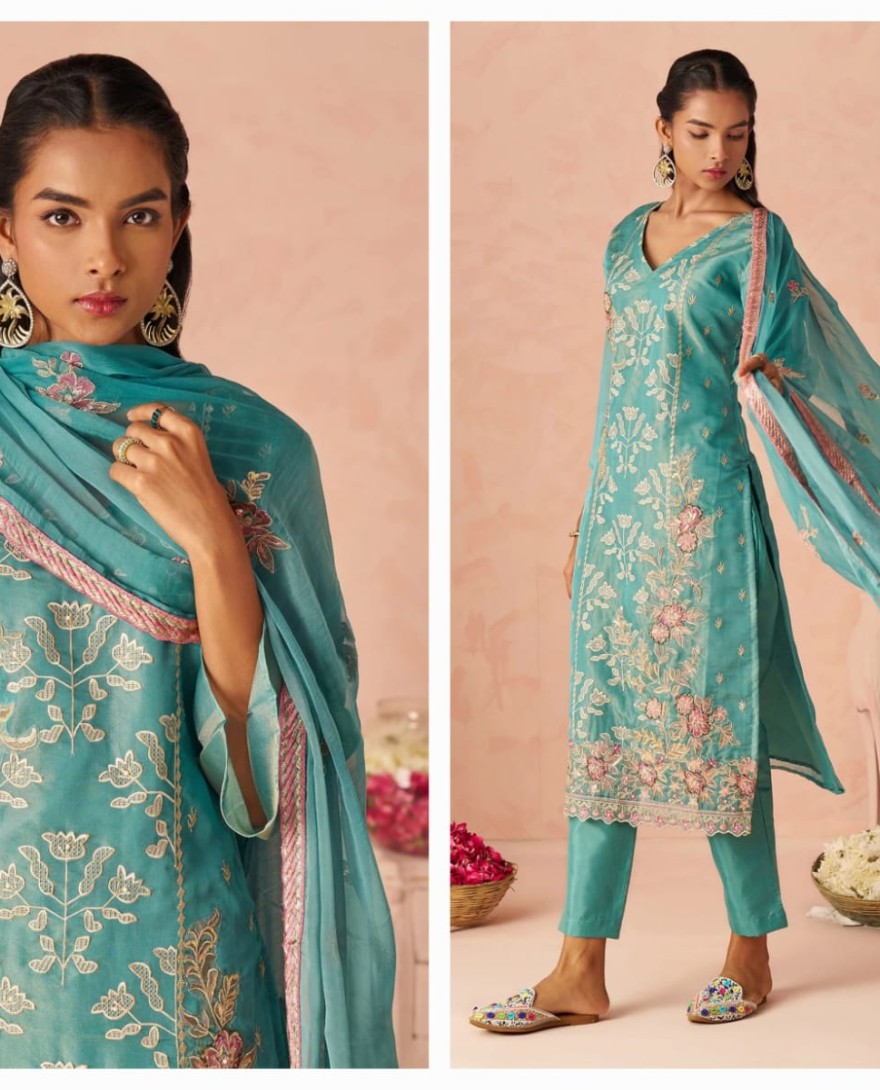 BLUE - Dazzling Blue Embroidered Organza Festive Wear Straight Suit