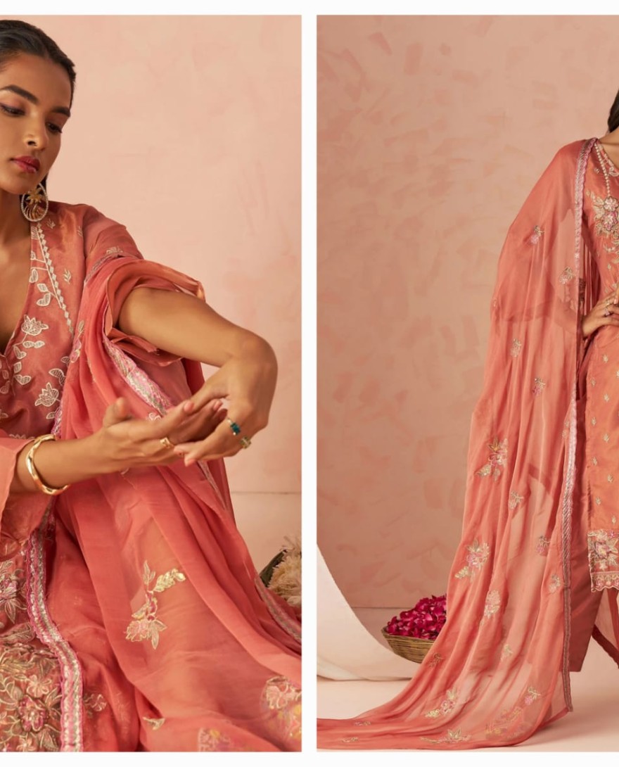 PEACH - Stunning Peach Embroidered Organza Function Wear Straight Suit