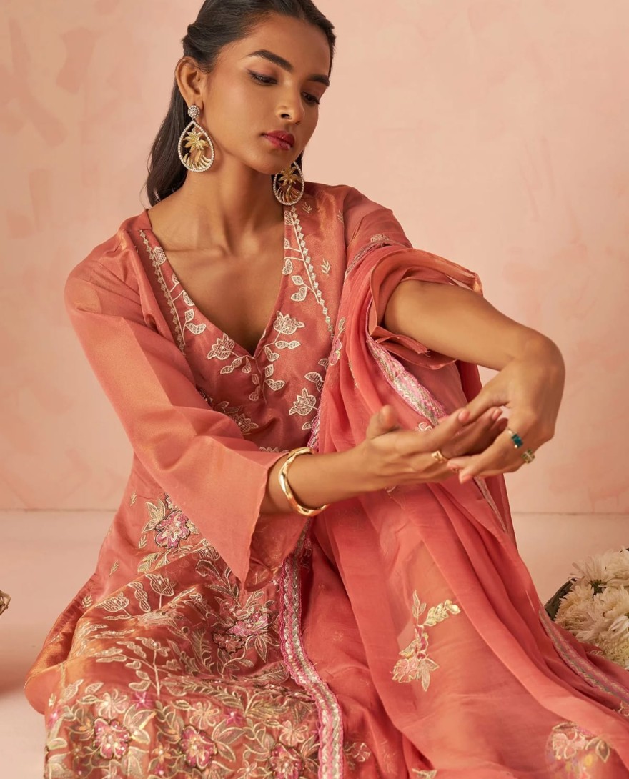 PEACH - Stunning Peach Embroidered Organza Function Wear Straight Suit