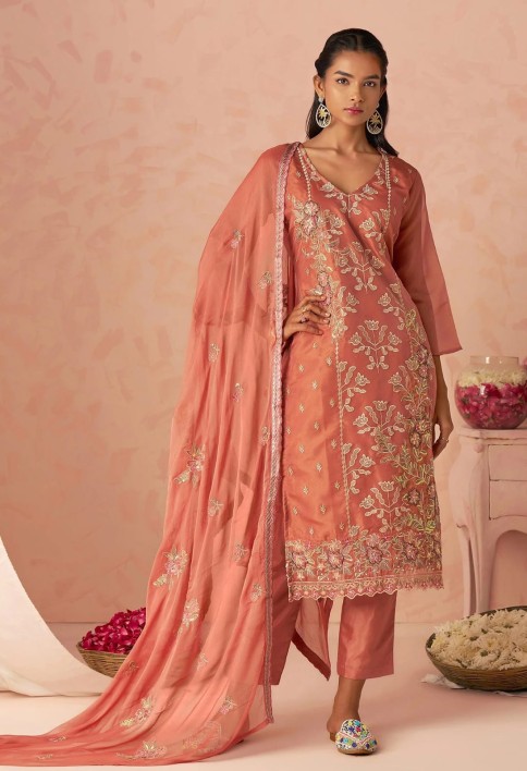 Stunning Peach Embroidered Organza Function Wear Straight Suit