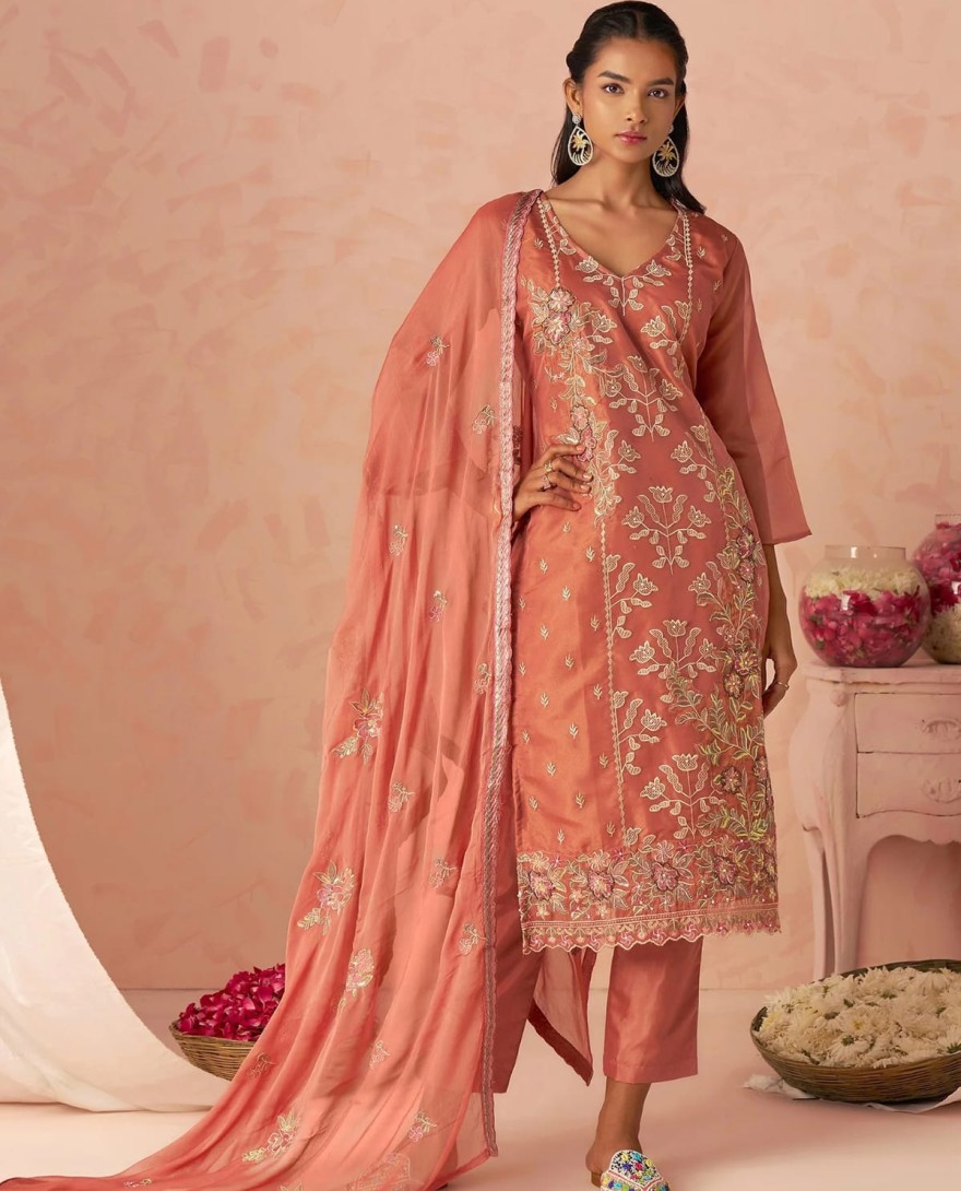 PEACH - Stunning Peach Embroidered Organza Function Wear Straight Suit