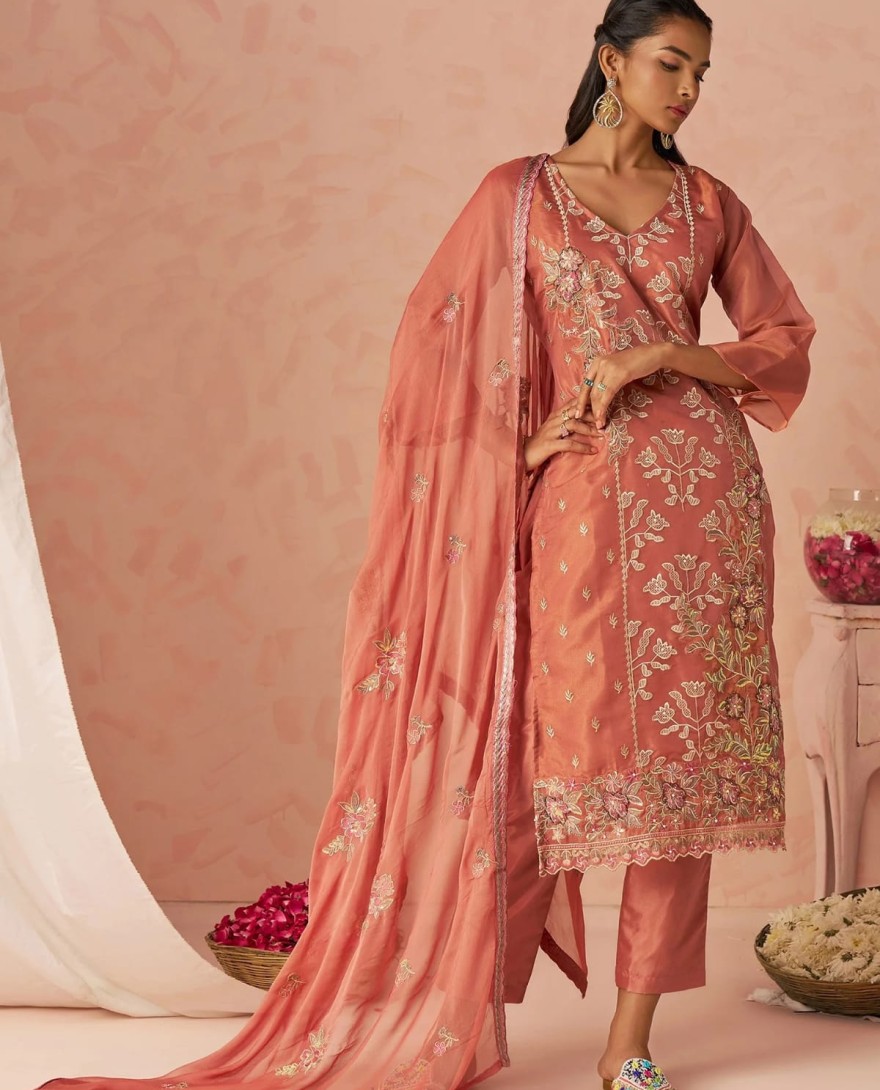 PEACH - Stunning Peach Embroidered Organza Function Wear Straight Suit