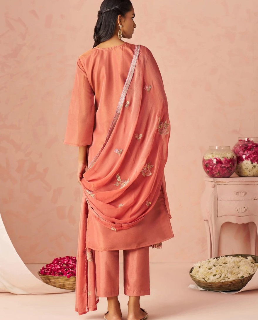 PEACH - Stunning Peach Embroidered Organza Function Wear Straight Suit