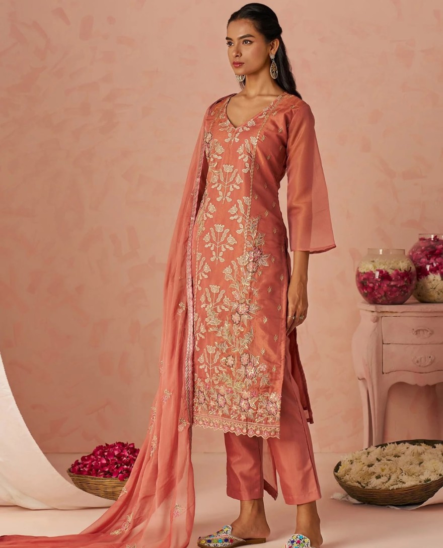 PEACH - Stunning Peach Embroidered Organza Function Wear Straight Suit