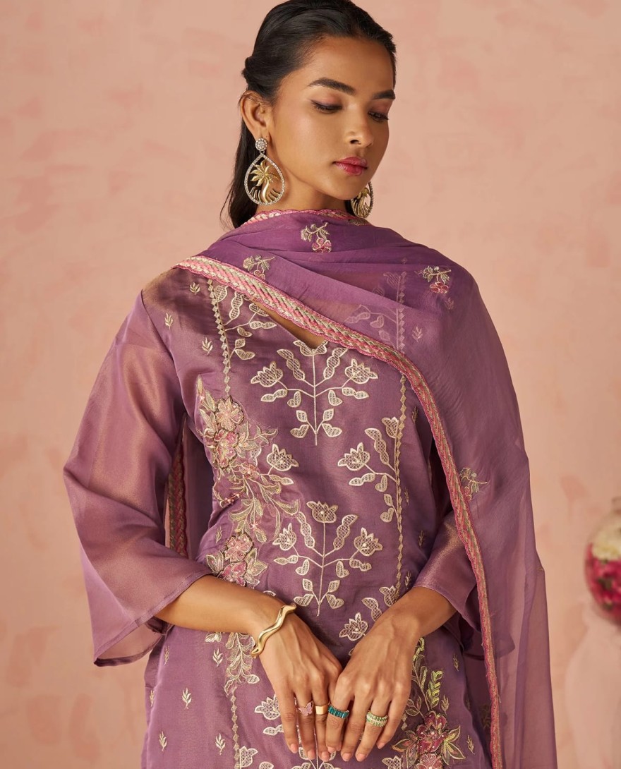 PURPLE - Impressive Lavender Embroidered Organza Festive Wear Straight Suit