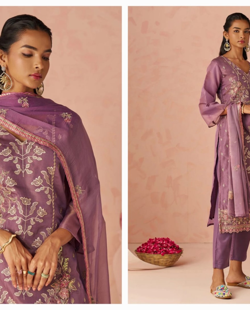 PURPLE - Impressive Lavender Embroidered Organza Festive Wear Straight Suit