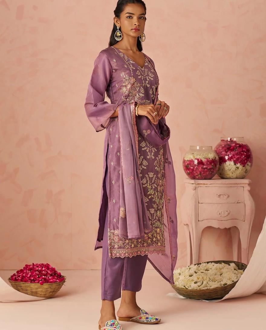 PURPLE - Impressive Lavender Embroidered Organza Festive Wear Straight Suit