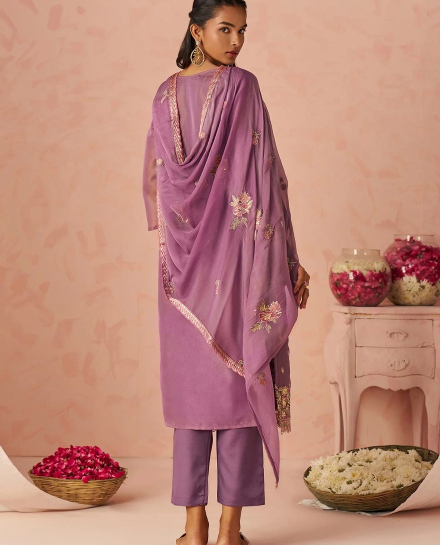 PURPLE - Impressive Lavender Embroidered Organza Festive Wear Straight Suit