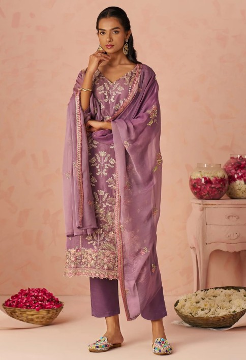 Impressive Lavender Embroidered Organza Festive Wear Straight Suit