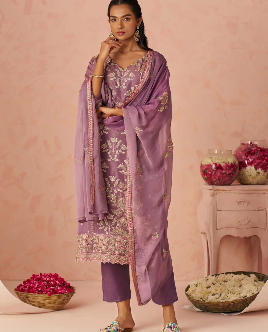PURPLE - Impressive Lavender Embroidered Organza Festive Wear Straight Suit