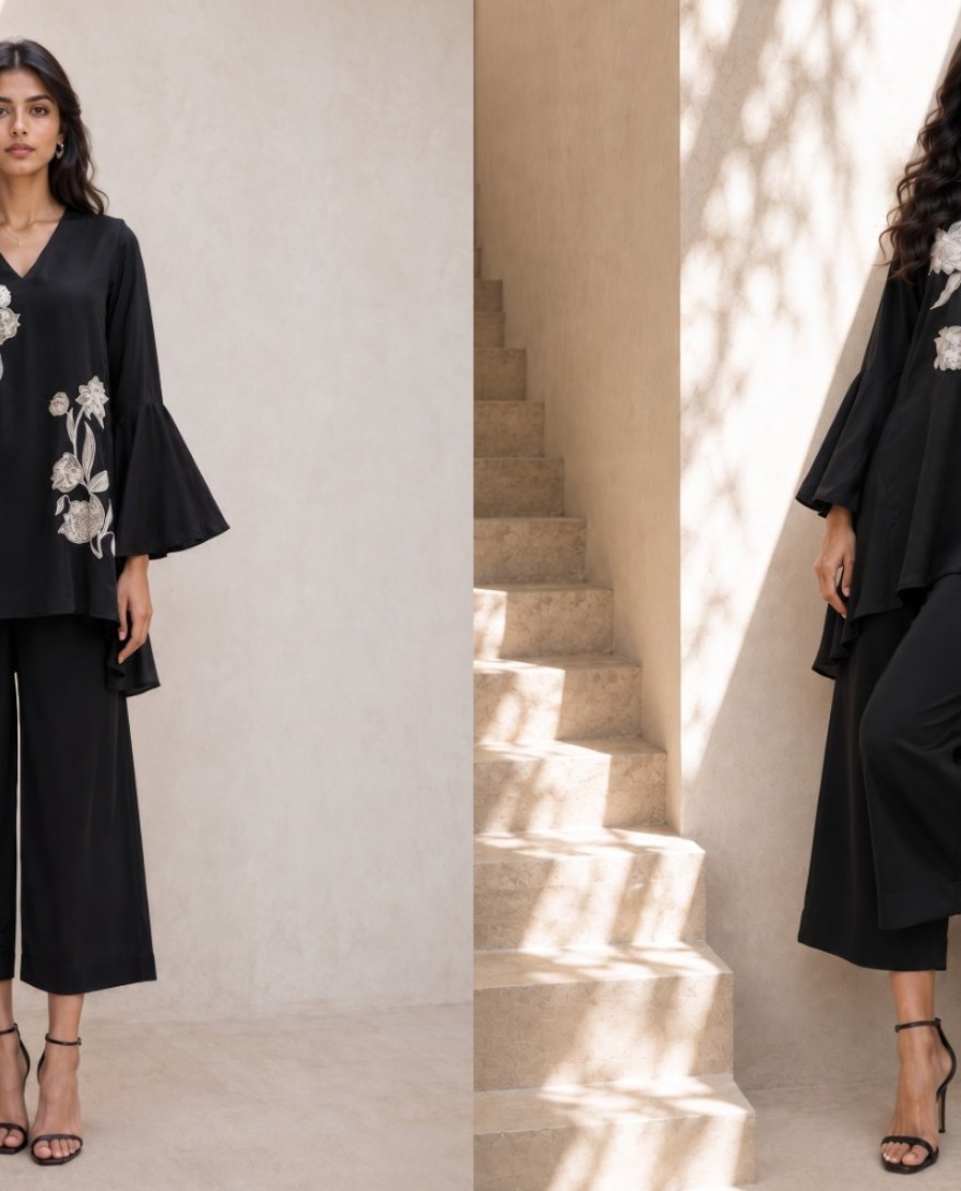 BLACK - Beautiful Black Natural Crepe Indo Western Co Ords Set