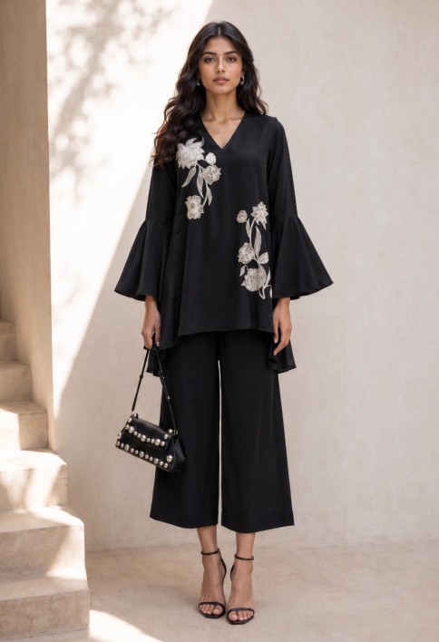 Beautiful Black Natural Crepe Indo Western Co Ords Set