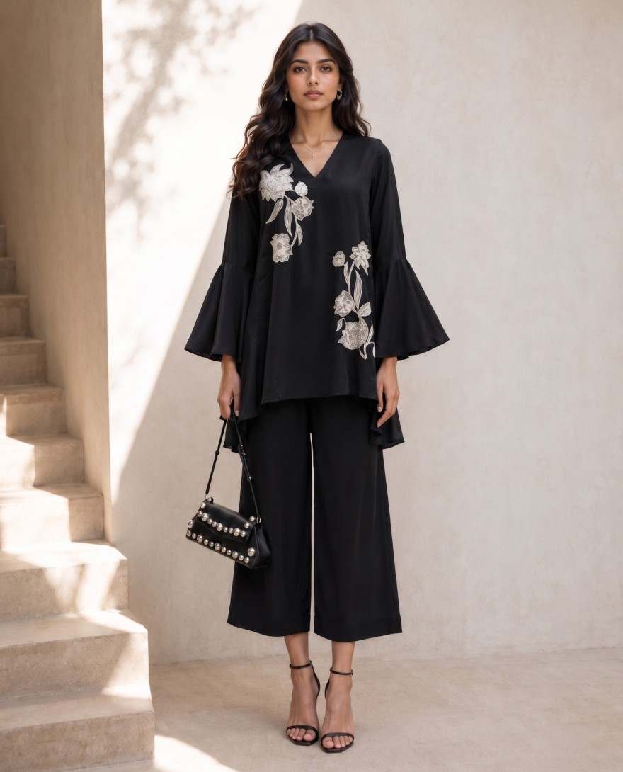 BLACK - Beautiful Black Natural Crepe Indo Western Co Ords Set