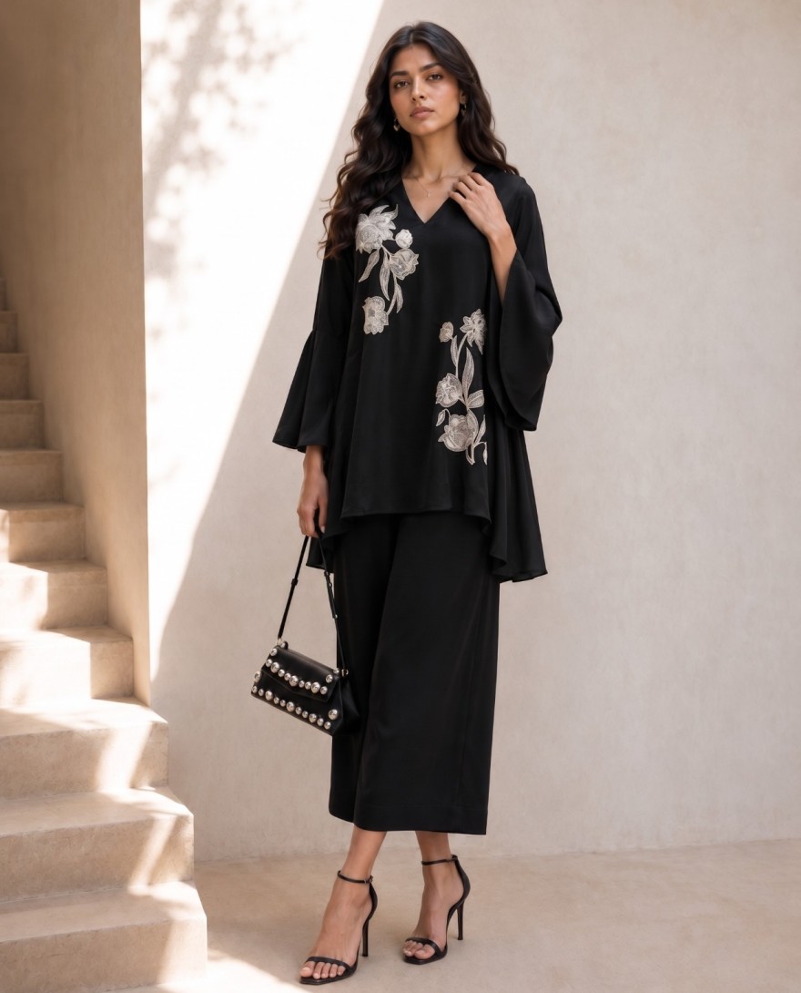 BLACK - Beautiful Black Natural Crepe Indo Western Co Ords Set