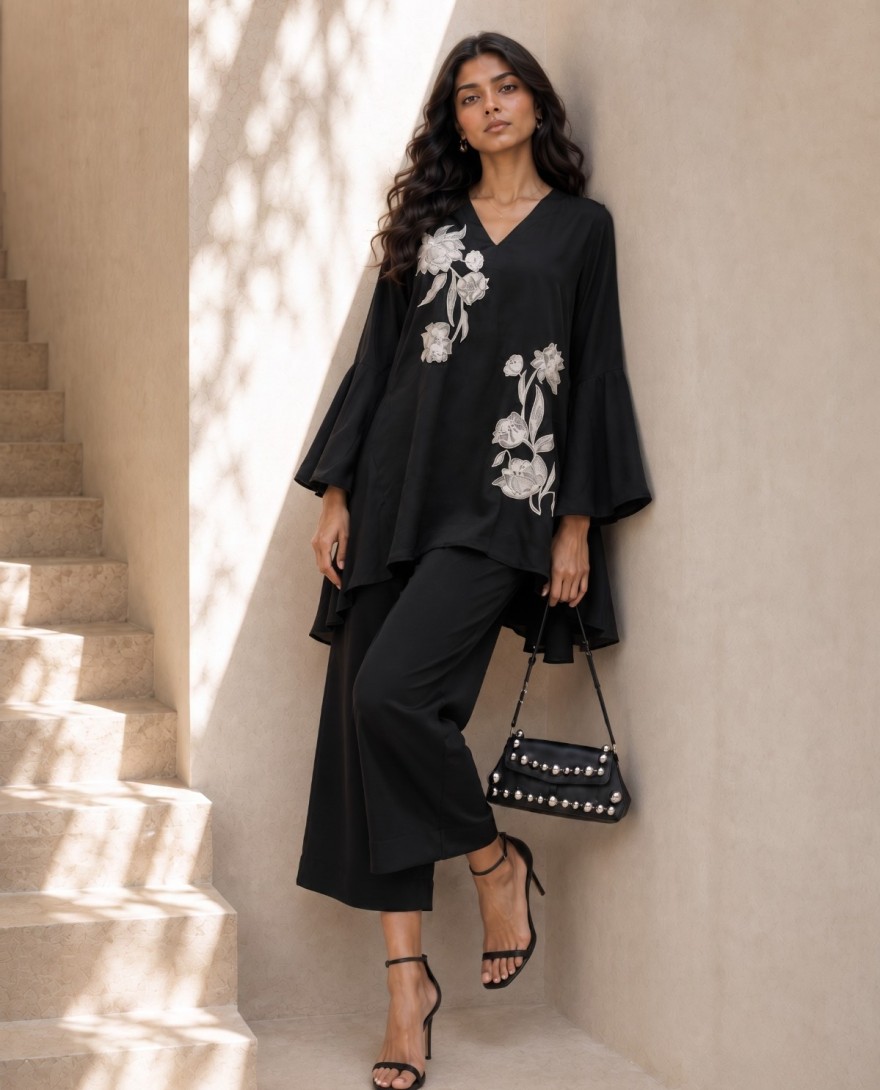 BLACK - Beautiful Black Natural Crepe Indo Western Co Ords Set
