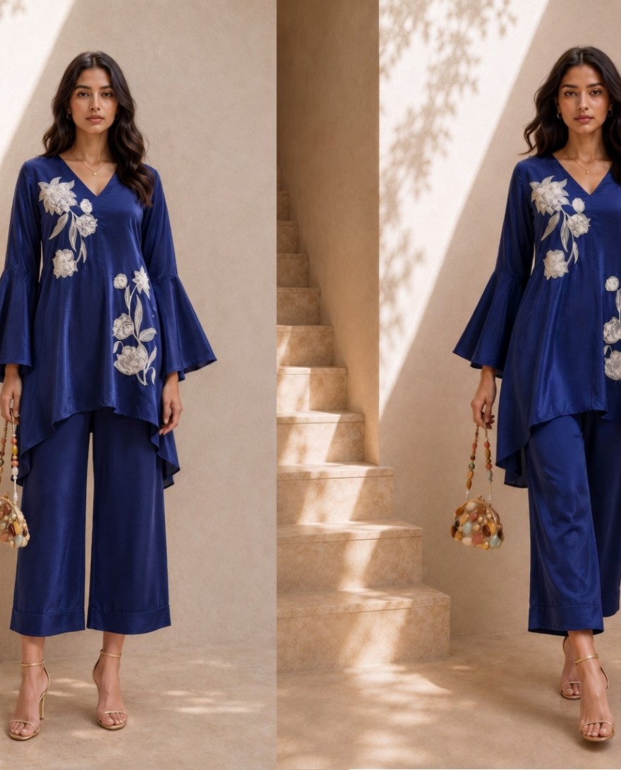 BLUE - Beautiful Blue Natural Crepe Indo Western Co Ords Set