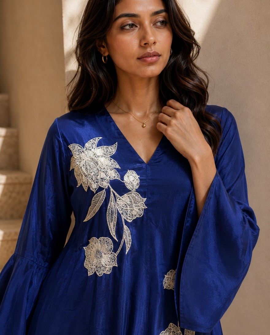 BLUE - Beautiful Blue Natural Crepe Indo Western Co Ords Set
