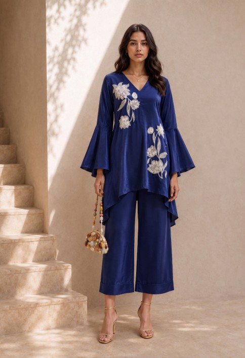 Beautiful Blue Natural Crepe Indo Western Co Ords Set