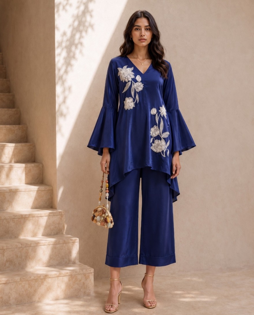 BLUE - Beautiful Blue Natural Crepe Indo Western Co Ords Set