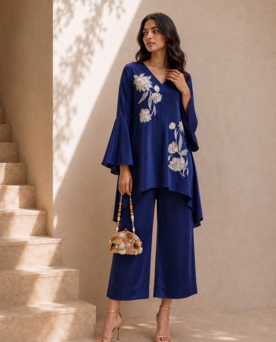 BLUE - Beautiful Blue Natural Crepe Indo Western Co Ords Set