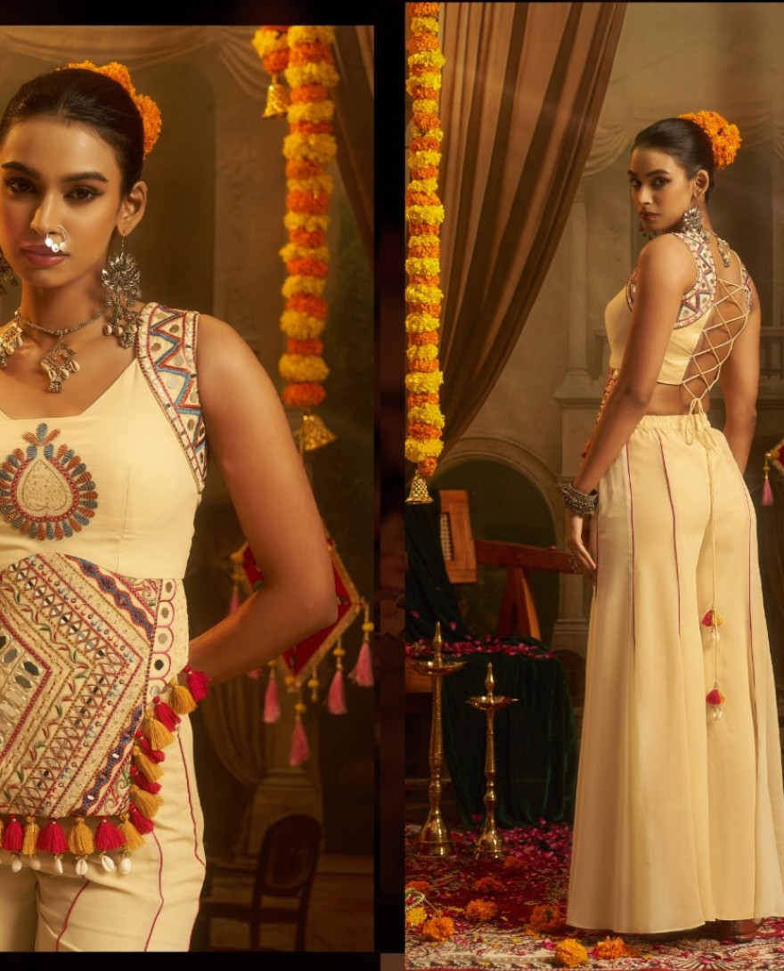 CREAM - Mirror and Thread Work Georgette Designer Kurti In Cream Colour