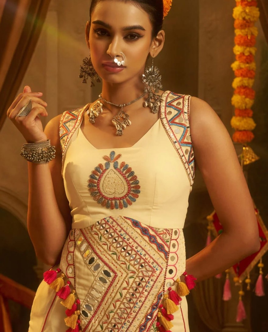 CREAM - Mirror and Thread Work Georgette Designer Kurti In Cream Colour