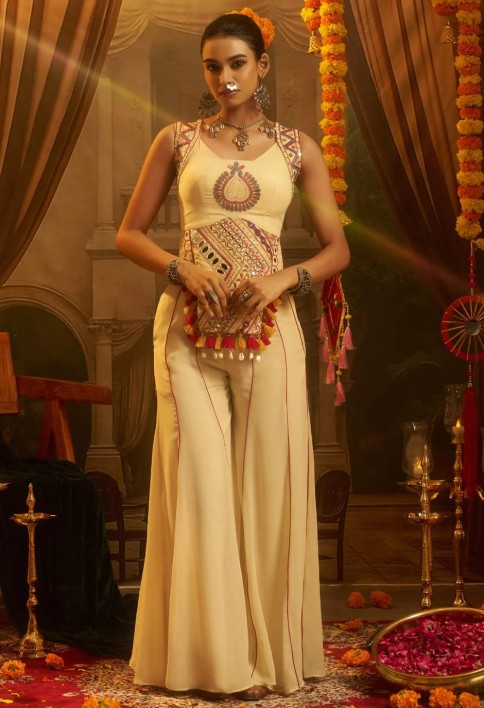 Mirror and Thread Work Georgette Designer Kurti In Cream Colour