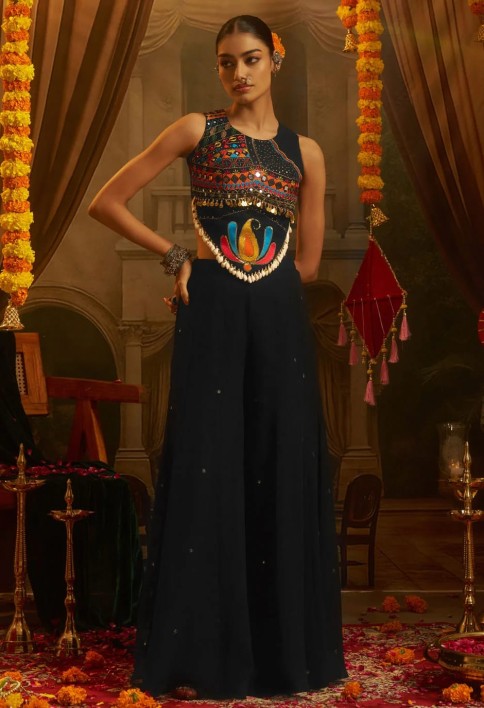 Mirror and Thread Work Georgette Casual Kurti In Black Colour