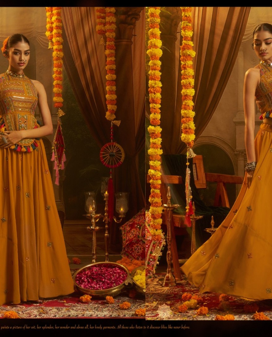 YELLOW - Mustard Georgette Party Wear Kurti with Mirror and Thread Work for Festival