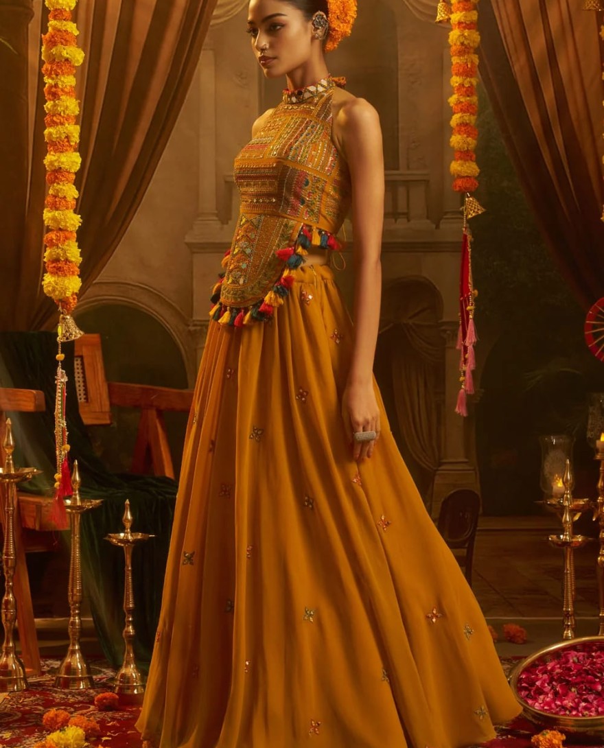 YELLOW - Mustard Georgette Party Wear Kurti with Mirror and Thread Work for Festival