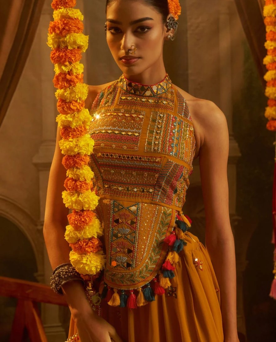 YELLOW - Mustard Georgette Party Wear Kurti with Mirror and Thread Work for Festival