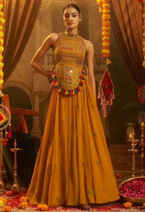 Mustard Georgette Party Wear Kurti with Mirror and Thread Work for Festival