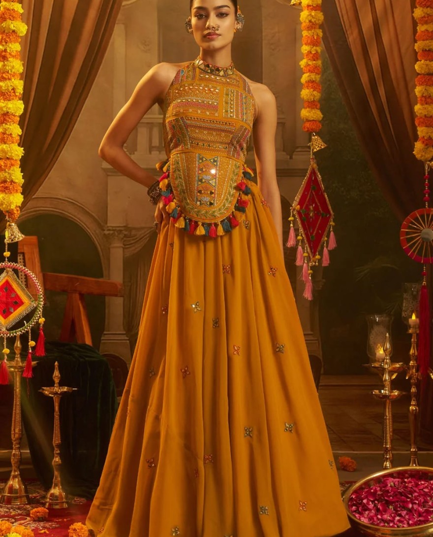 YELLOW - Mustard Georgette Party Wear Kurti with Mirror and Thread Work for Festival