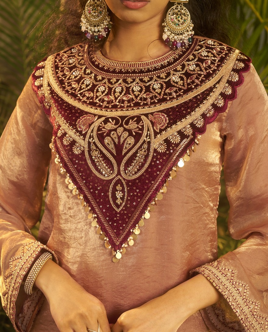 SUIT - Charming Peach Patch Work Organza Party Wear Co-Ord Set