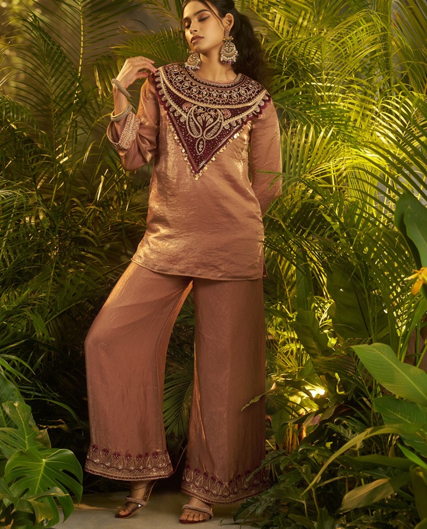 SUIT - Charming Peach Patch Work Organza Party Wear Co-Ord Set